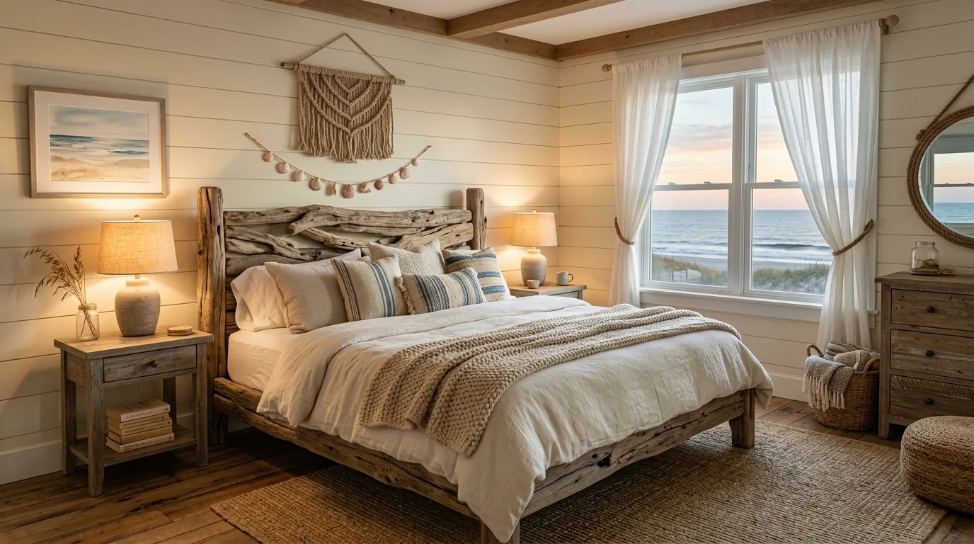 Bring in a natural fiber rug for grounded softness inspiration for a coastal bedroom.